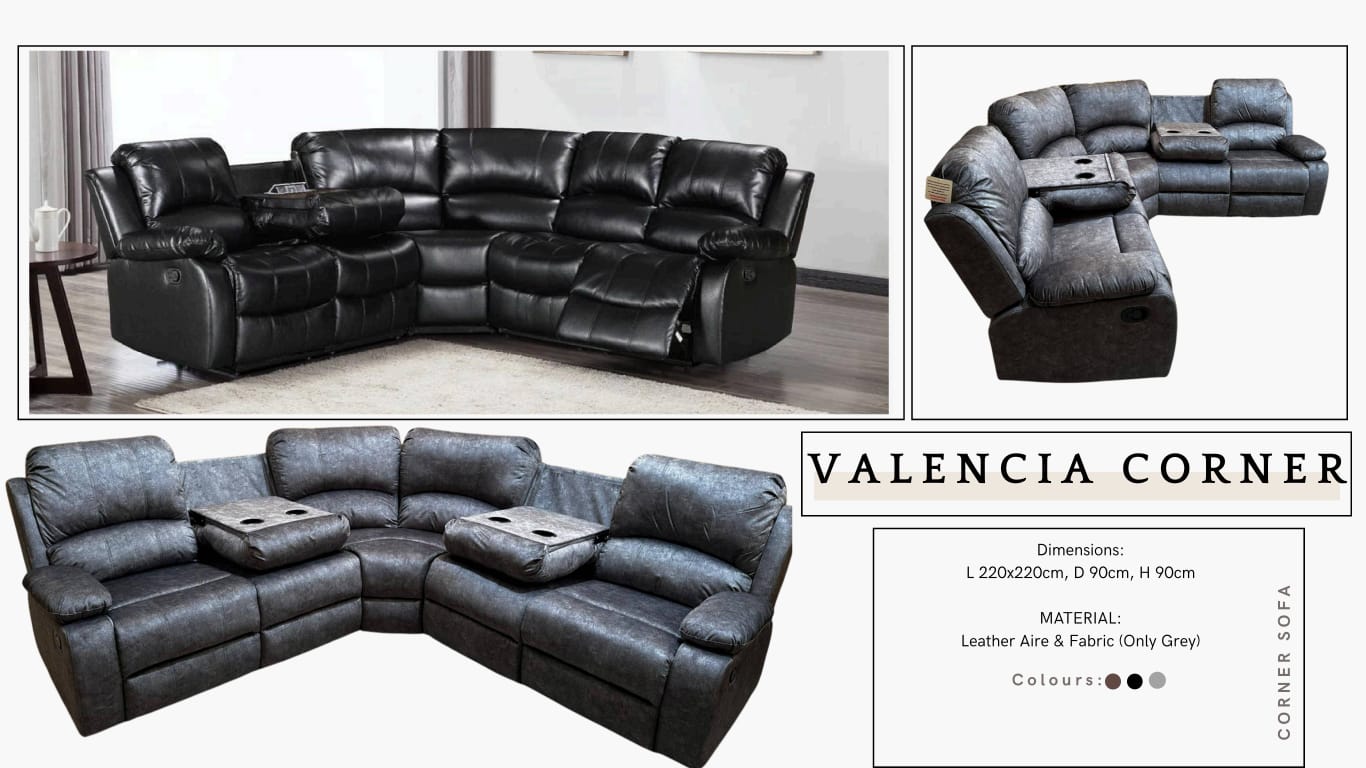VALENCIA Corner Sofa – Leather Aire & Fabric (Grey)