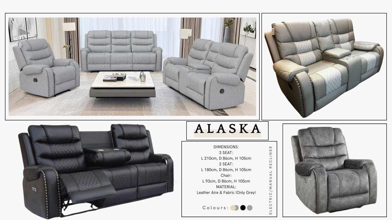 ALASKA Recliner Sofa – Leather Aire & Fabric (Grey) | Electric / Manual Options