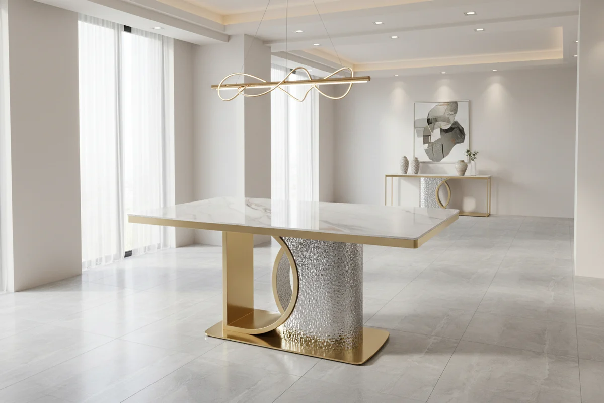 Louis Modern Hammered Design Dining Table, Sintered Stone Top , Black, Grey Or White-7s - Image 6