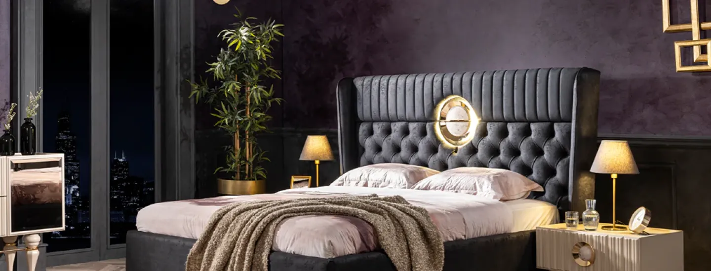 Luxury upholstered bed with elegant bedroom furniture and modern interior design in Reading