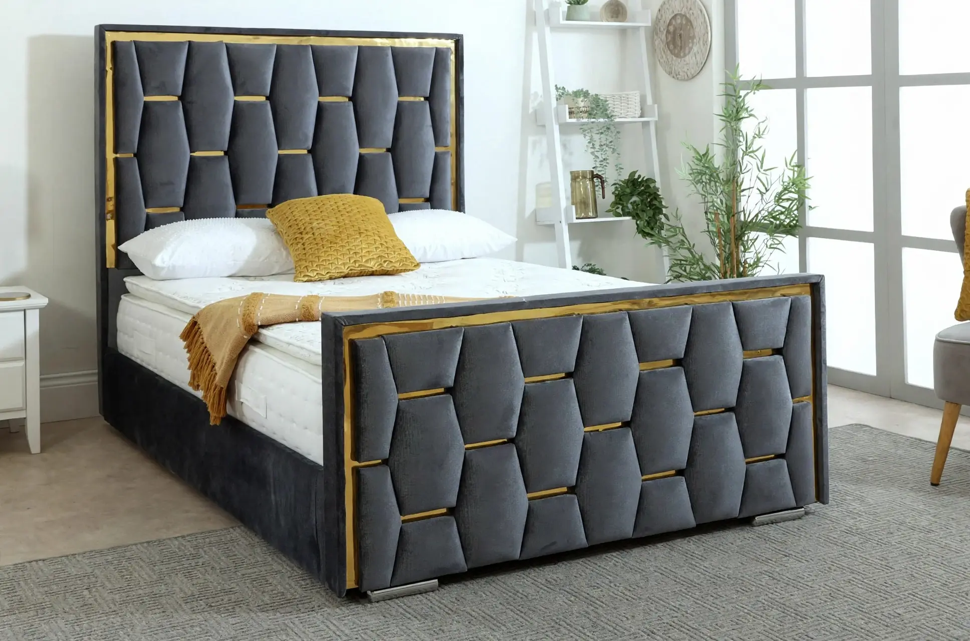 Ruby Luxury Velvet Upholstered Bed Frame with Gold Trim-S