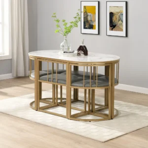 Madrid Modern 6-Seater Dining Table Set With 6 Chairs – Stone Top with Elegant Metal Frame-7s