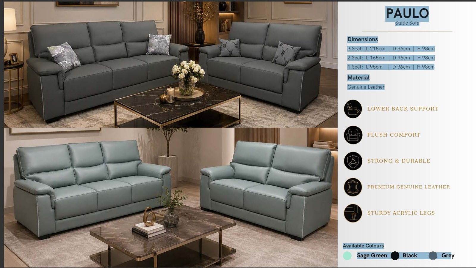 Paulo Static Sofa Collection – Genuine Leather Living Room Seating-GHM